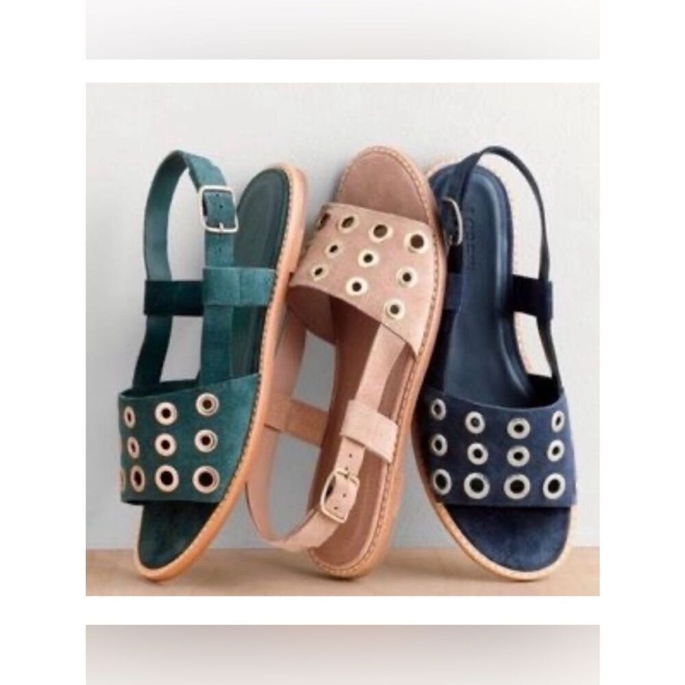 J. Crew Blue Suede Leather Gold Grommet Slingback Nautical Flat Sandals - Picture 3 of 14